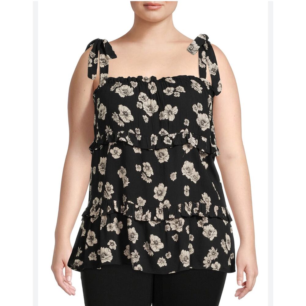 Romantic Gypsy Black Floral Square Neck Boho TIERED TIE Strap Women Top 2X